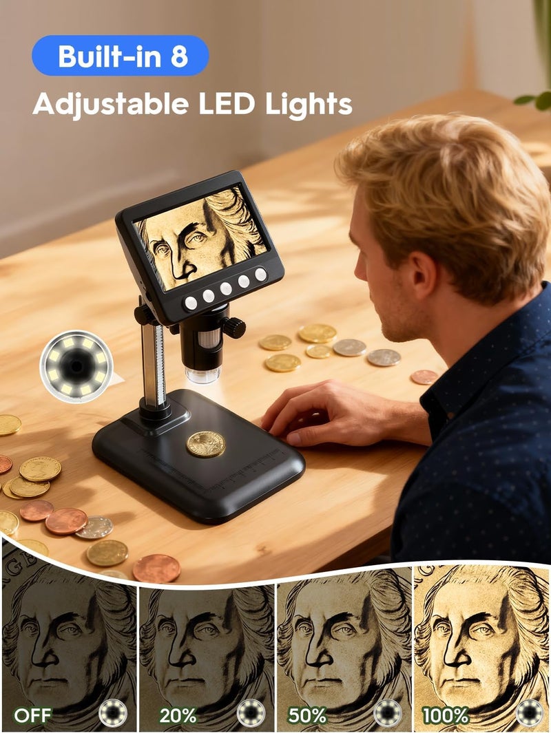 WKR ميكروسكوب العملات، 4.3" شاشة LCD ميكروسكوب رقمي USB 1000X مكبر عملات مع 8 أضواء LED قابلة للتعديل، 1080P متوافق مع عرض الكمبيوتر مع Windows/MacBook للبالغين والأطفال - Image 3